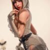 Model in a beige hooded outfit posing sideways with long hair, red lipstick, and a beaded belt
