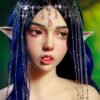 Portrait of a fantasy elf with blue hair, pointed ears, and a jeweled headpiece with hanging chains against a green background.