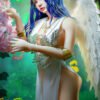 Fantasy elf with blue hair, silver jewelry, and white wings, reaching toward pink blossoms in a lush garden.