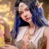 Fantasy elf-like portrait: woman with blue hair and dangling jewel headpiece among pink blossoms, wearing a gold-embroidered white gown and wings