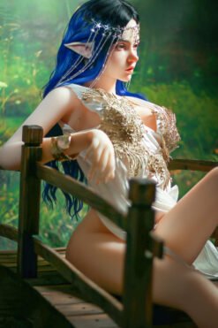 Fantasy elf woman with long blue hair, pointed ears, and a jeweled headpiece leaning on a wooden railing outdoors.
