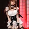 Cosplay model in a white-and-black maid outfit with cat ears, kneeling and holding a white high heel against a red-lit backdrop.