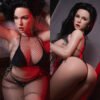 Two-panel image of a woman modeling black fishnet lingerie, striking sultry poses in a red-tinted setting.