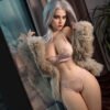 Woman wearing pink lace lingerie and a beige faux-fur coat, posed by a glass window in soft lighting.