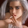 Close-up portrait of a topless woman with silver hair and blue eyes, holding a lit cigarette near her lips in a moody setting.