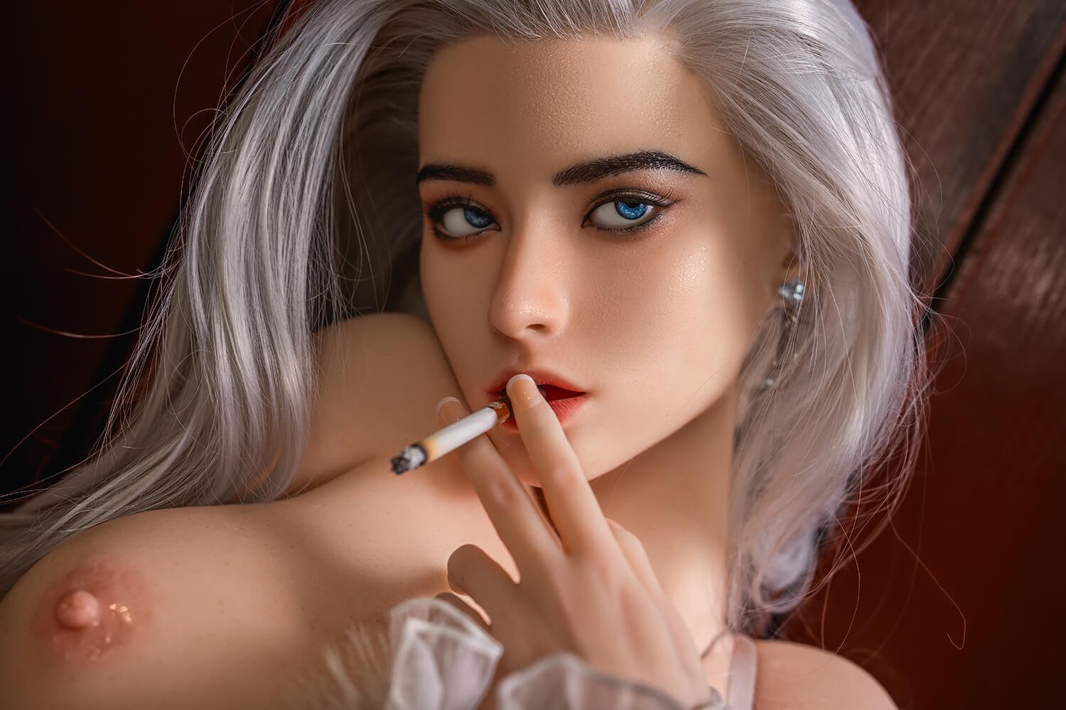 Close-up portrait of a topless woman with silver hair and blue eyes, holding a lit cigarette near her lips in a moody setting.
