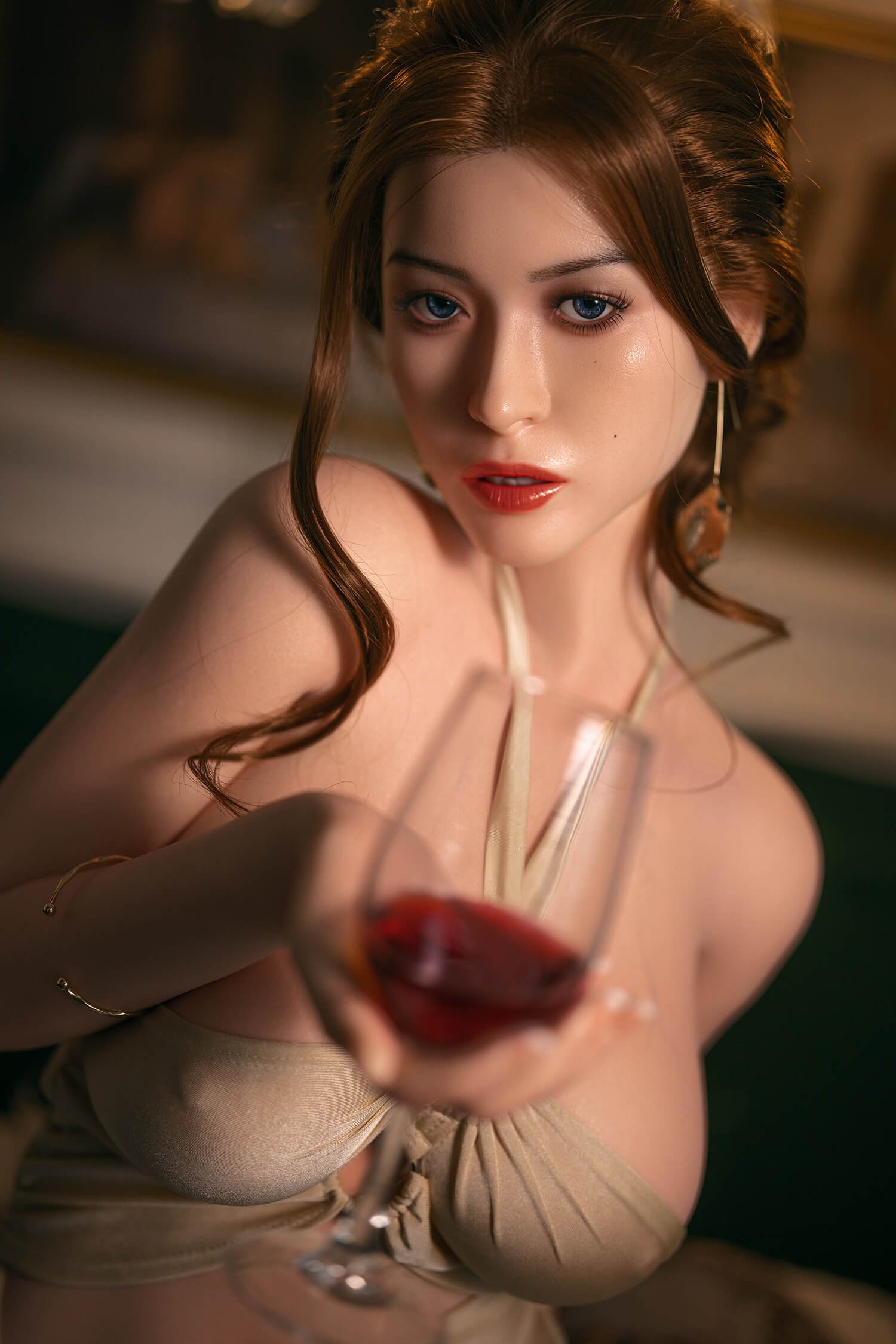 Close-up of a woman in a beige bikini top, holding a wine glass toward the camera, with blue eyes and glossy lips.