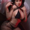 Woman in black lingerie and mesh stockings posing seductively in red-tinted lighting.