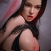 Close-up portrait of a woman with dark hair and red lighting, wearing a black beaded off-shoulder top and looking to the side, creating a moody glamour shot.