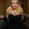 Doll-like figure with long blonde hair, wearing a gold sunburst crown, blue eyes, red lips, and a black off-the-shoulder dress with a necklace.