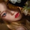 Close-up portrait of a woman with blonde hair, wearing a gold decorative headpiece, and bold red lips amid white flowers