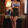 Lifelike female mannequin posing indoors against wood-paneled wall, wearing a light blue crop top, black mini skirt, headband and high heels.