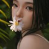 Close-up of a woman with dark hair, a white daisy held near her lips, green foliage in the background.