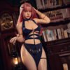 Cosplay model with pink hair in a navy cut-out outfit posing in a vintage library with a lantern