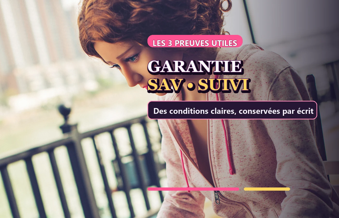 Adulte artificielle habillée dans une scène de vie, avec le texte « Garantie, SAV, suivi »